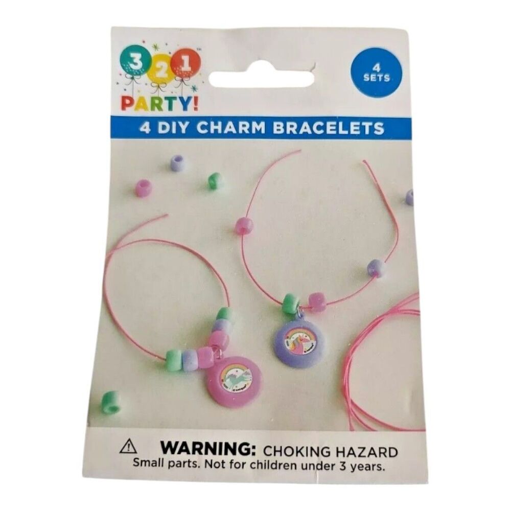 321 Party Favor 4 DIY Charm Bracelets Craft Kit Unicorn Rainbow Kids Girls Fun